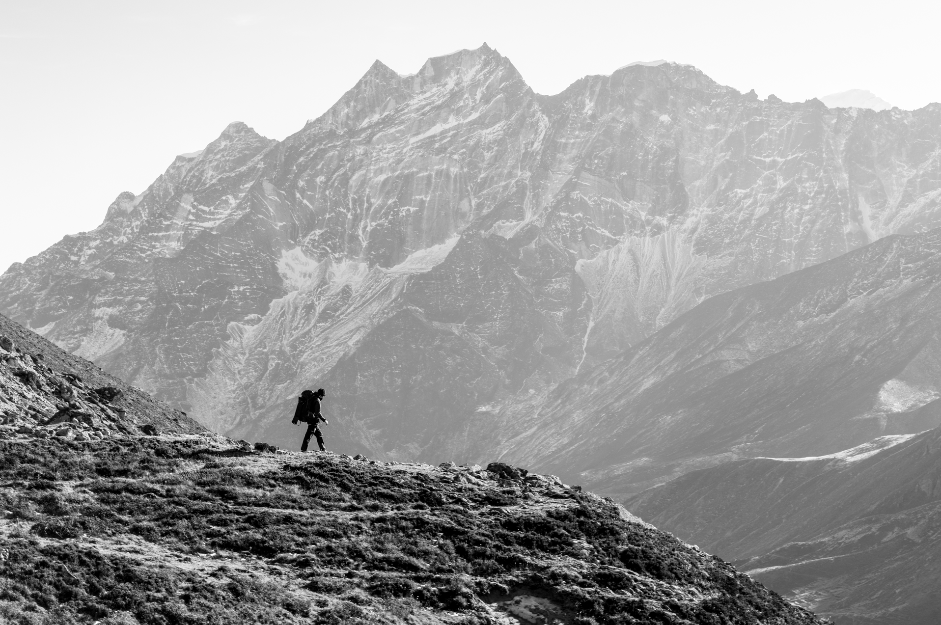 Descending from Renjo La Pass in the Himalayas, Nepal